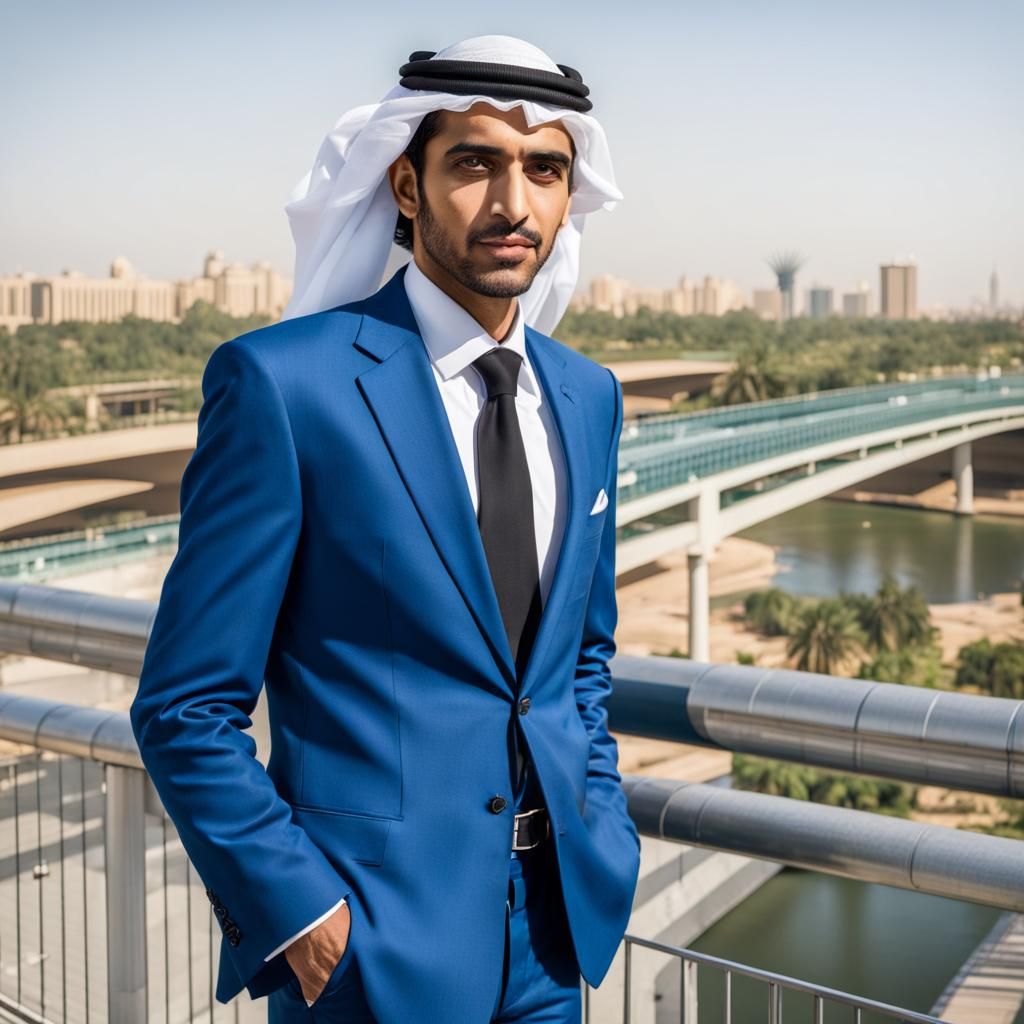 Arabian Man in Blue Suit on Pedestrian Bridge
