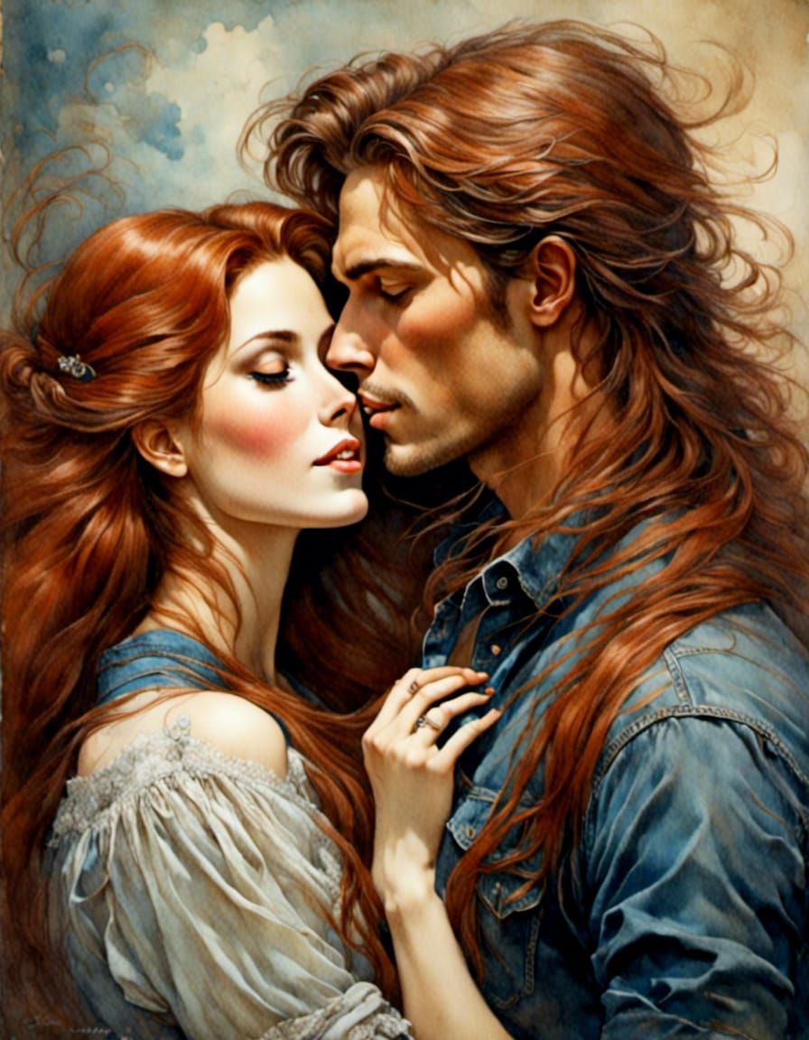Auburn Haired Woman Kissing Man: Hyperreal Romantic Portrait