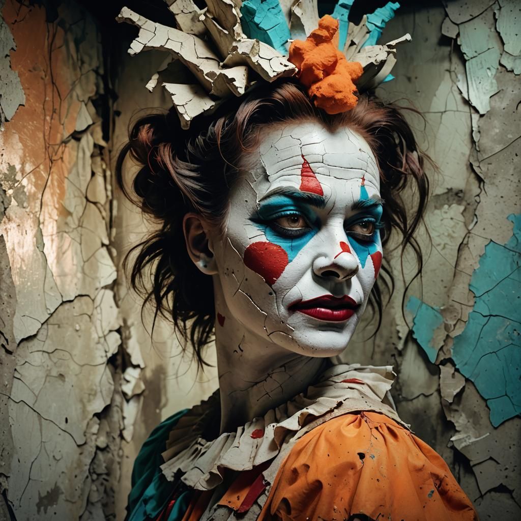 Gritty Surreal Portrait of Clown Face in Neon Light