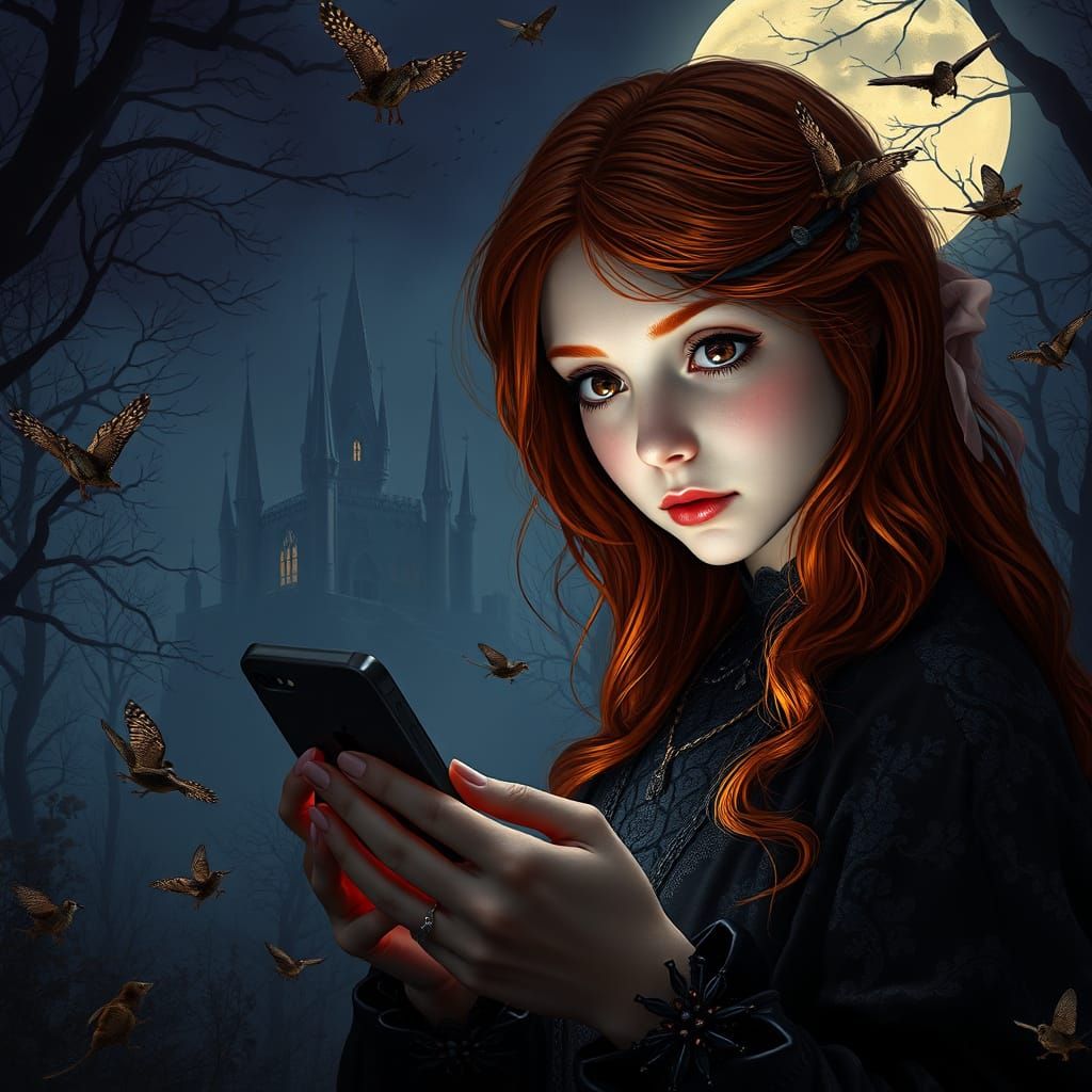 Gothic Teenage Girl Lost in Moonlit Forest, Castle in Shadow...