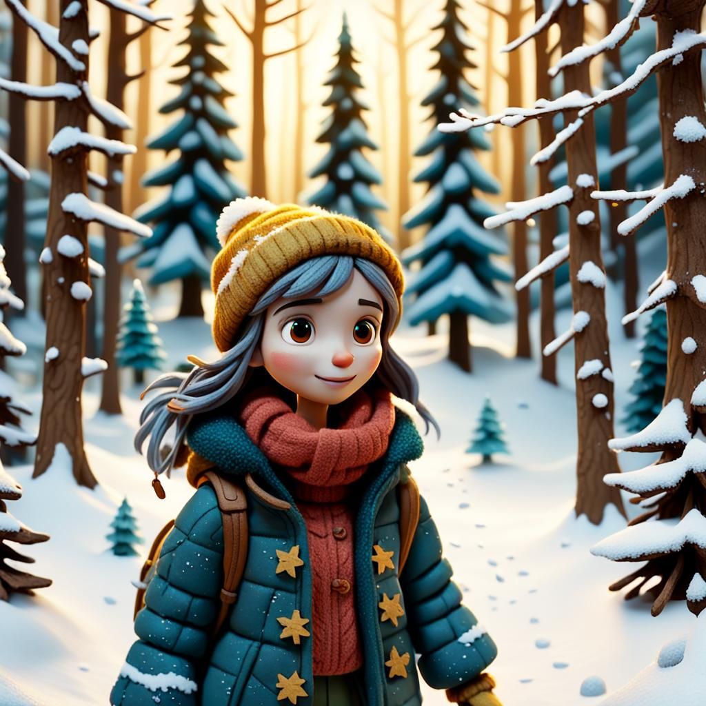 Girl Walks Through Snowy Forest in Whimsical Claymation Styl...