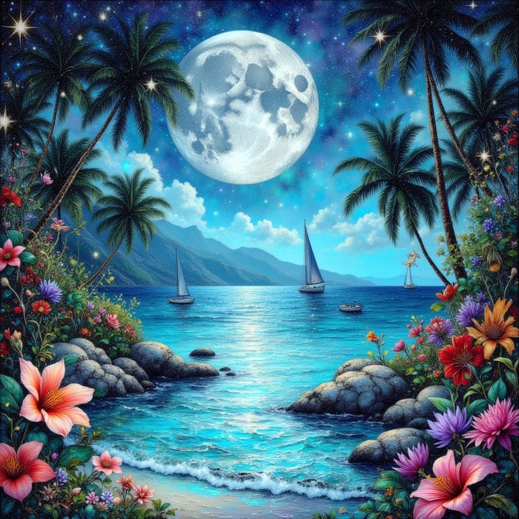 Tropical Beach Cove with Silvery Stardust, Mixed Media