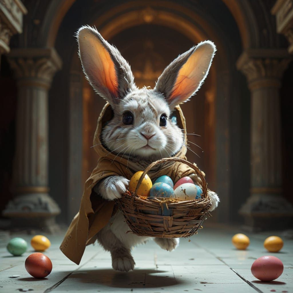 A Cute Jedi Bunny Levitates Easter Eggs in a Vibrant Temple