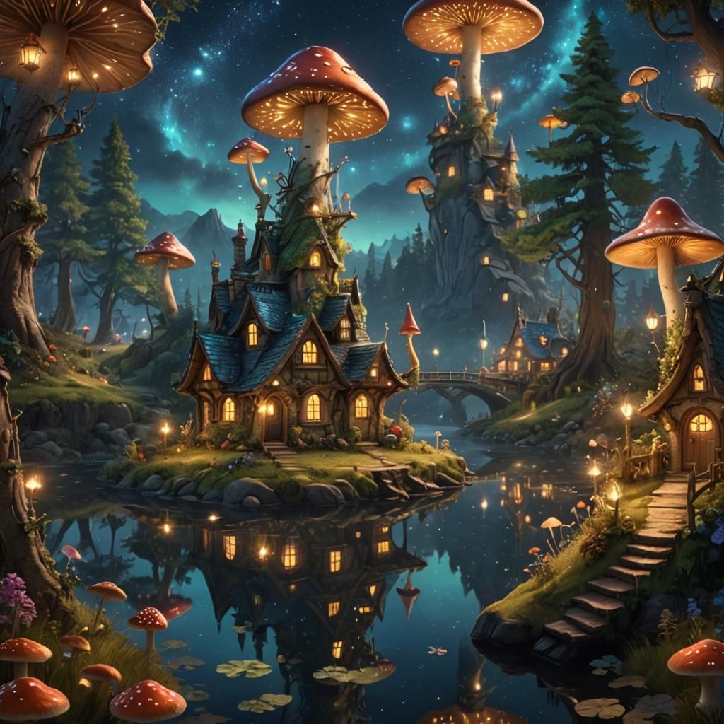Enchanted Forest Village Under Starry Night Sky