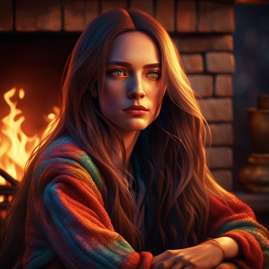 Firelight Portrait of Woman in Hyperreal Style