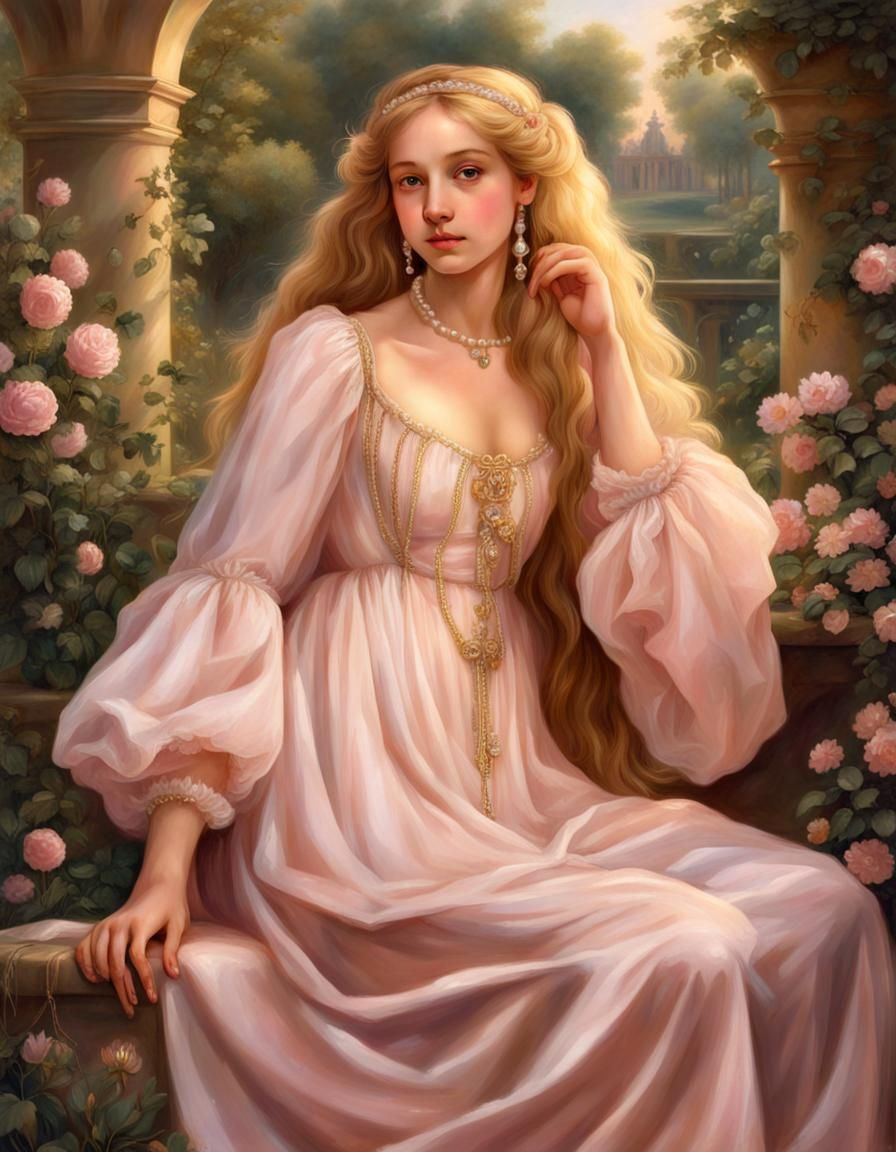 Renaissance Girl in Pink Gown with Pearl Jewelry