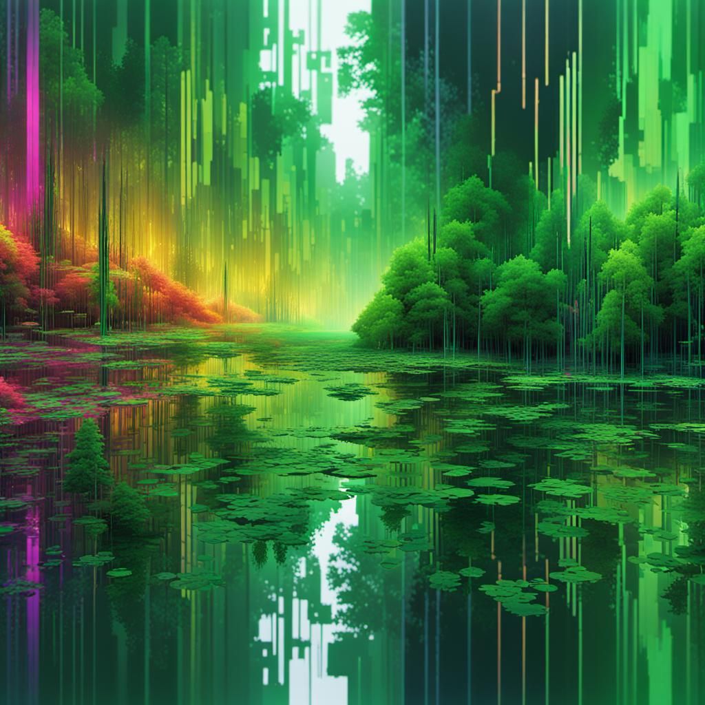 Forrest Matrix with Glitch Effect in Hyperrealistic Style