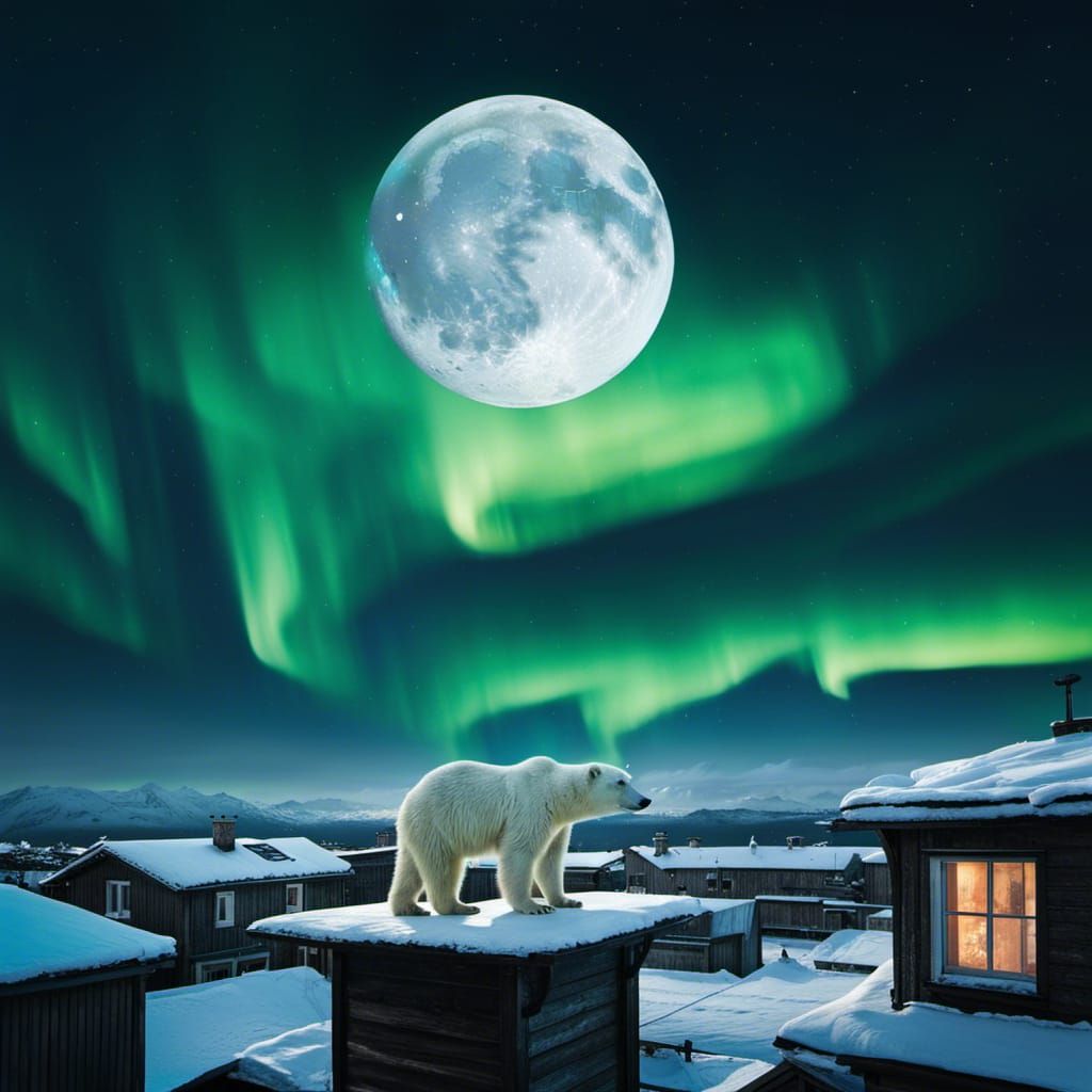 Polar Bear on Roof Gazes at Aurora Panorama