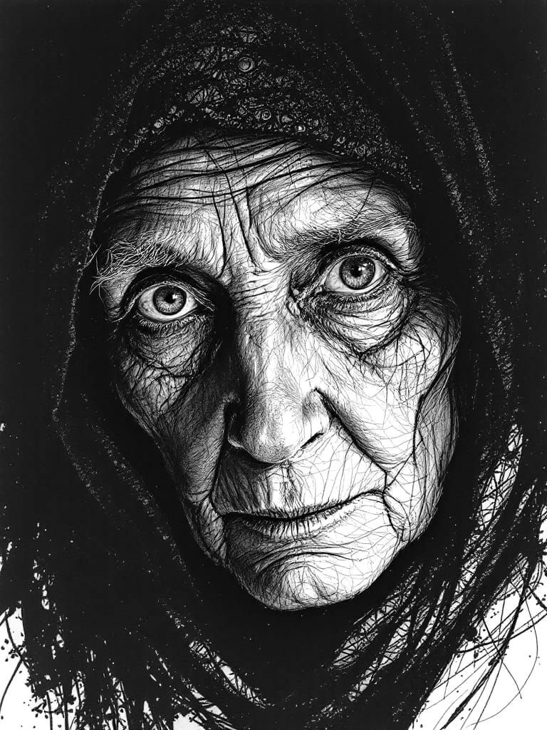 Old Woman Portrait in Intricate Pen and Ink Style