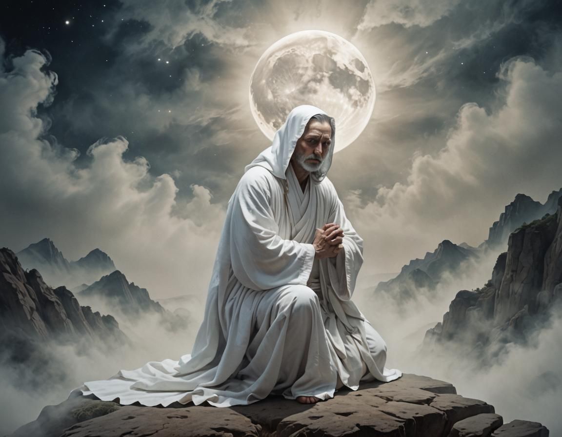 a man in a white robe kneeling in front of a full moon, psyt...