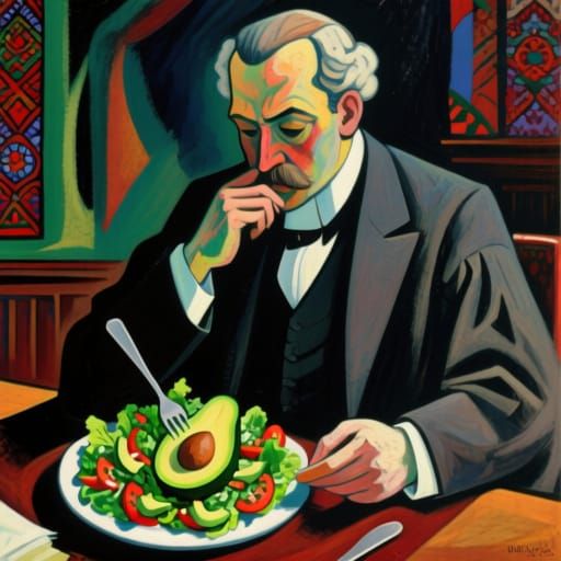 Barrister Examines Avocado Salad in Expressive Folk Art Styl...