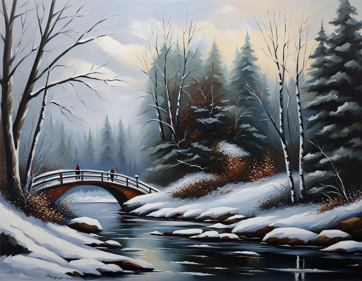 Winter Bridge in Oil Painting Style