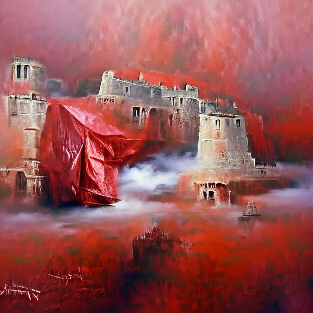 Fortress Shrouded in Red Mist: Oil Painting