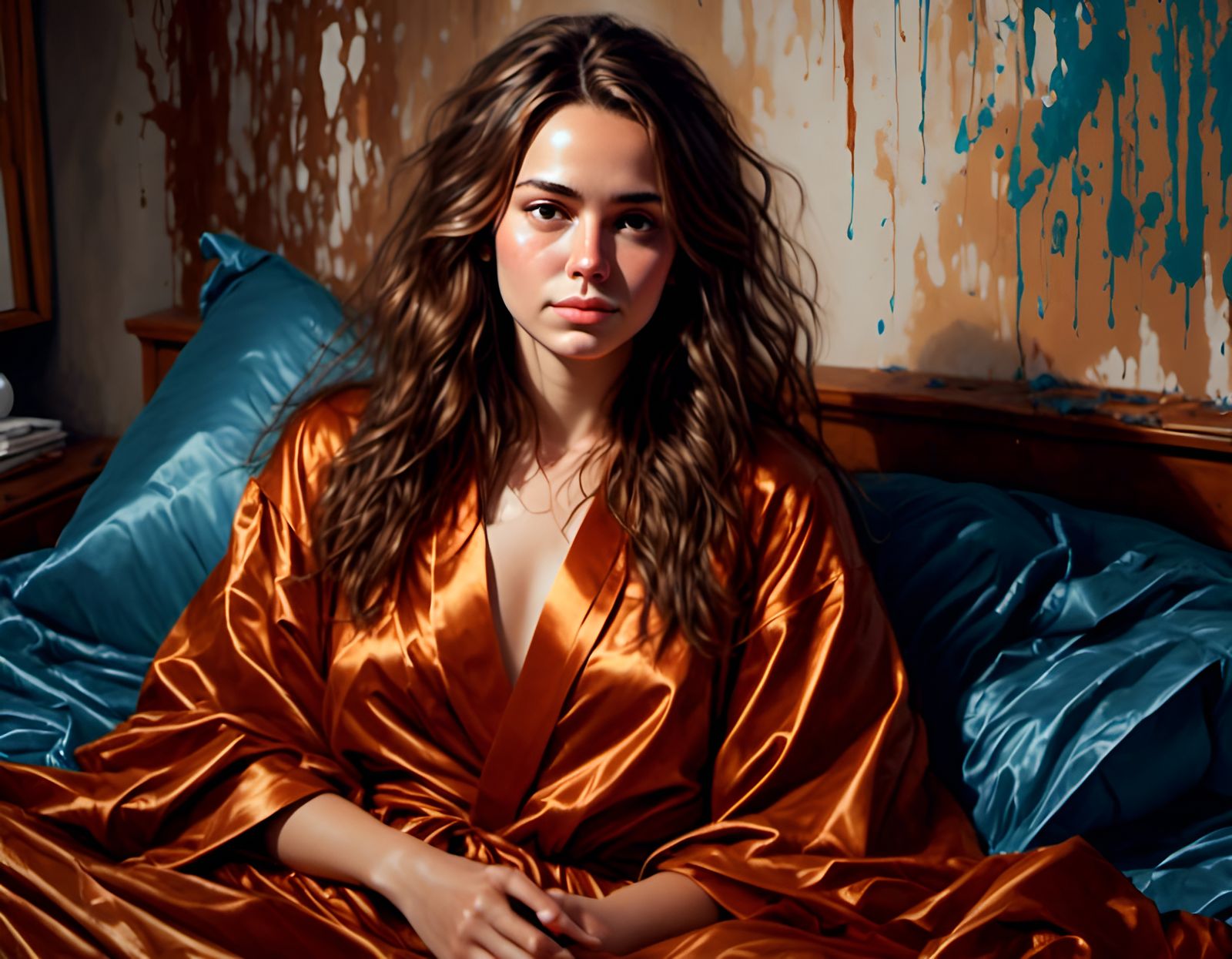 Beautiful Woman in Satin Robe: Oil Painting