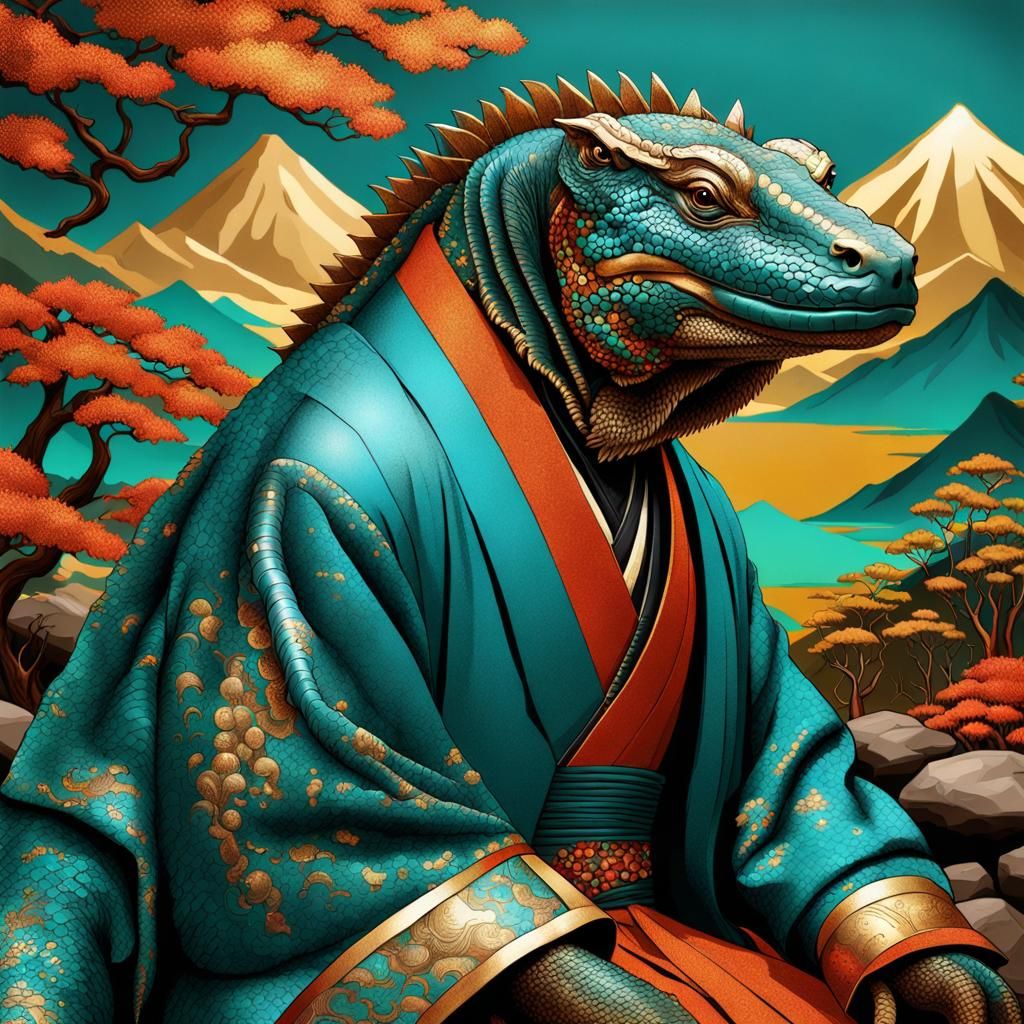 Komodo Dragon in Kimono Attends Tea Ceremony
