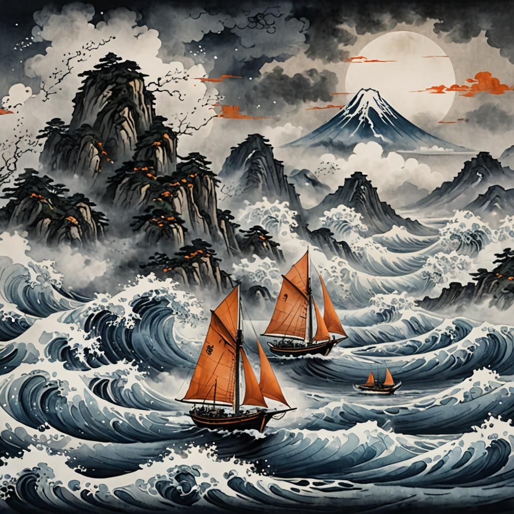 Japanese Ink Painting of Sailboats on Stylized Waves
