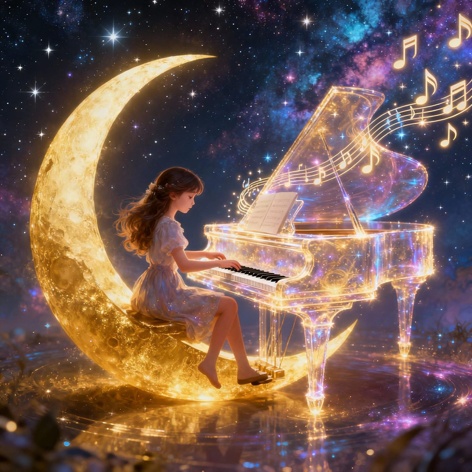 Girl Plays Energy Piano Under Starry Sky