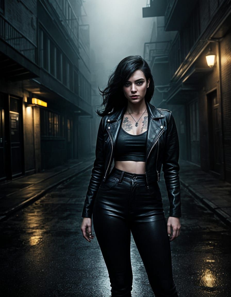 Film Noir Greaser Girl in Twilight Alleyway
