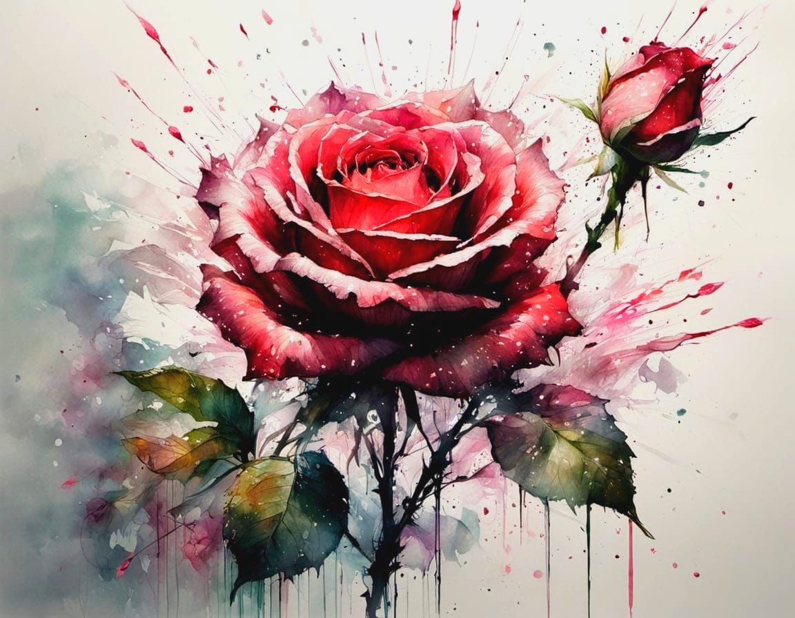 Vibrant Watercolor Rose in a Swirl of Sparkling Particles