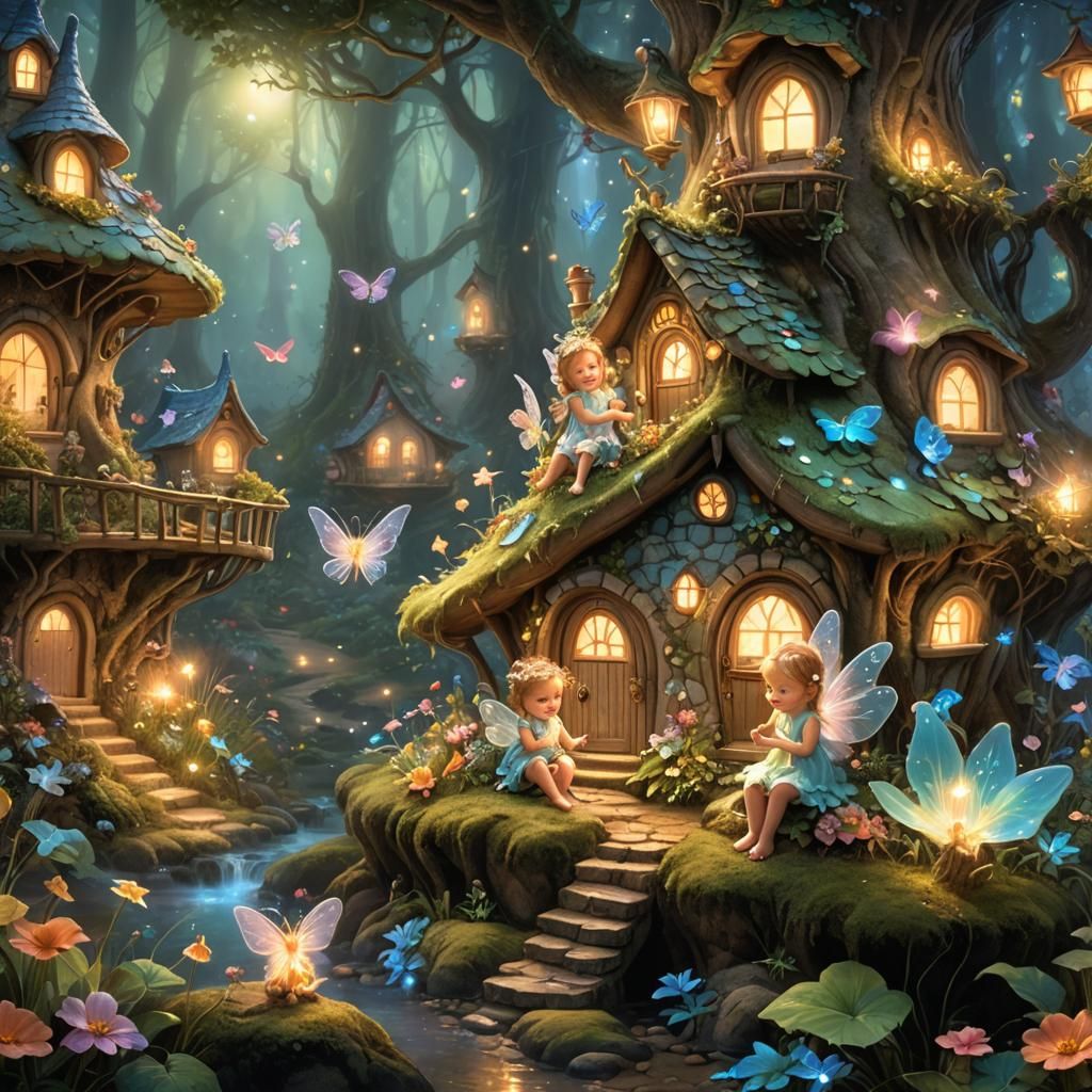 Fairy Babies at Magical House in Bioluminescent Forest