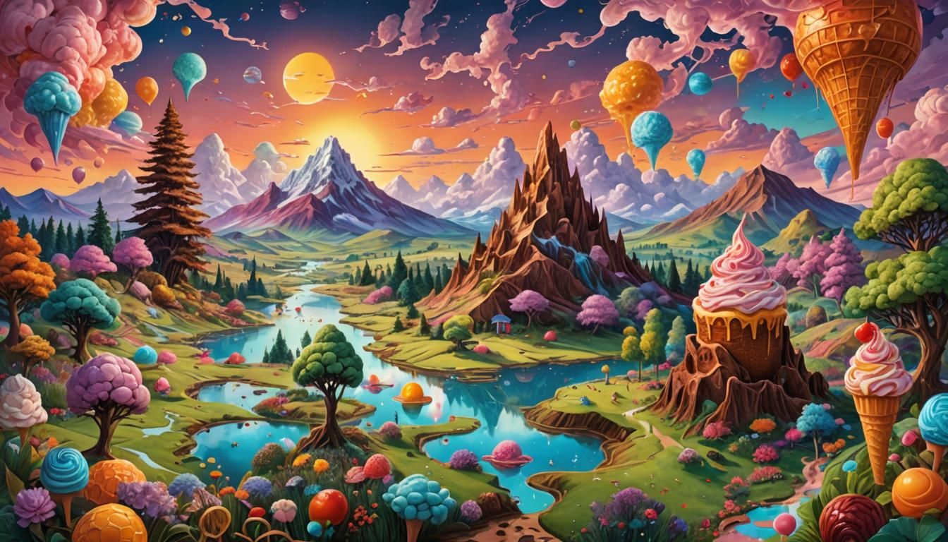 Edible Landscape with Ice Cream Mountain in Watercolour