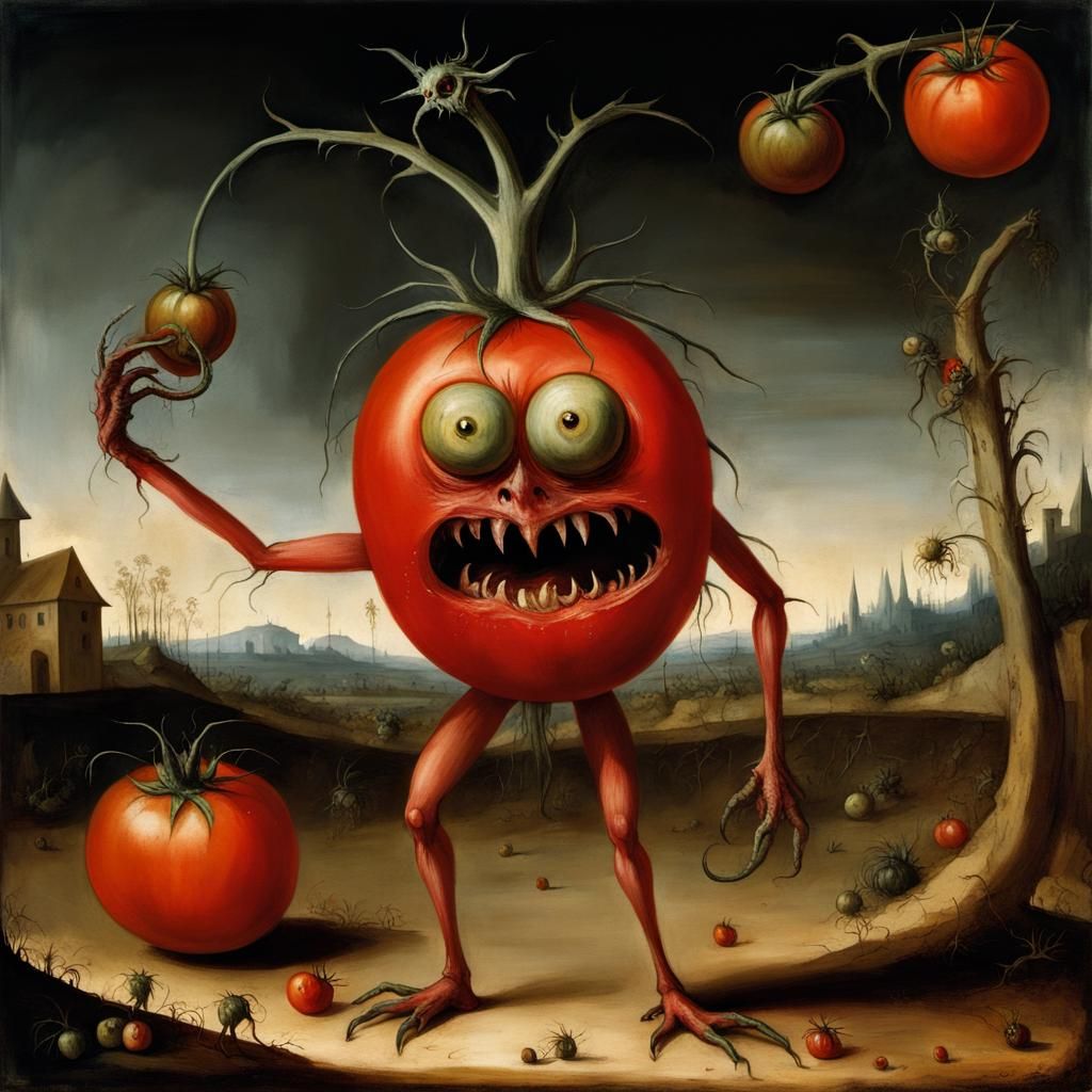 Sinister Tomato Monster Devouring Humans in Bosch Style