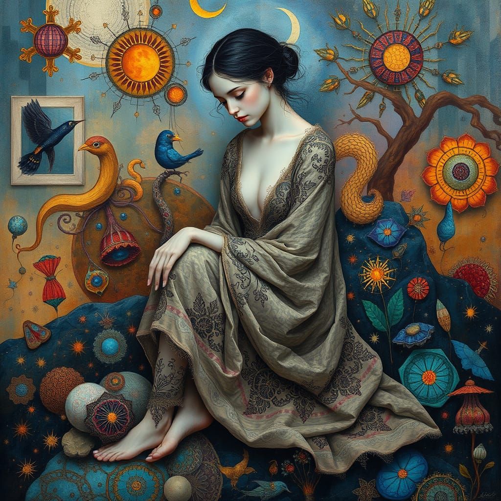 Enchanting, Surreal Figure Surrounded by Cosmic Textures