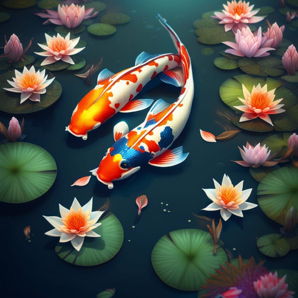 Koi Fish Twins in Sparkling Lily Pond