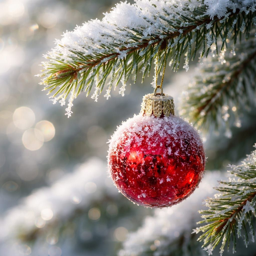 Frosted Christmas Ornament on Snowy Branch