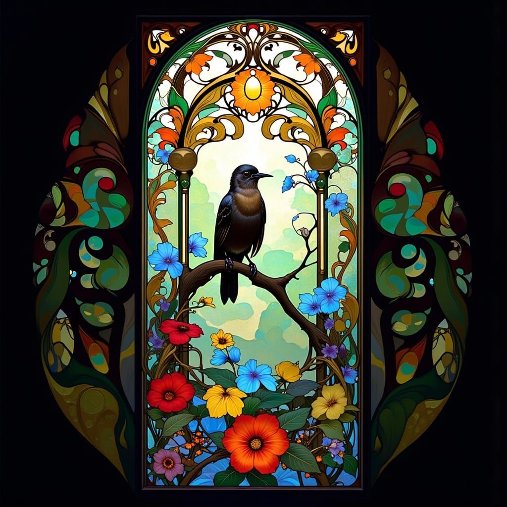 Art Nouveau Stained Glass Cuckoo Bird Art