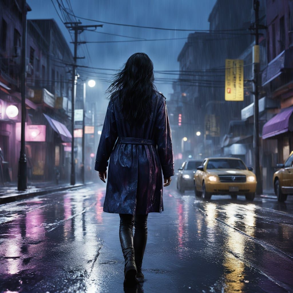 Woman Walking in Rain Under Moon: Digital Art