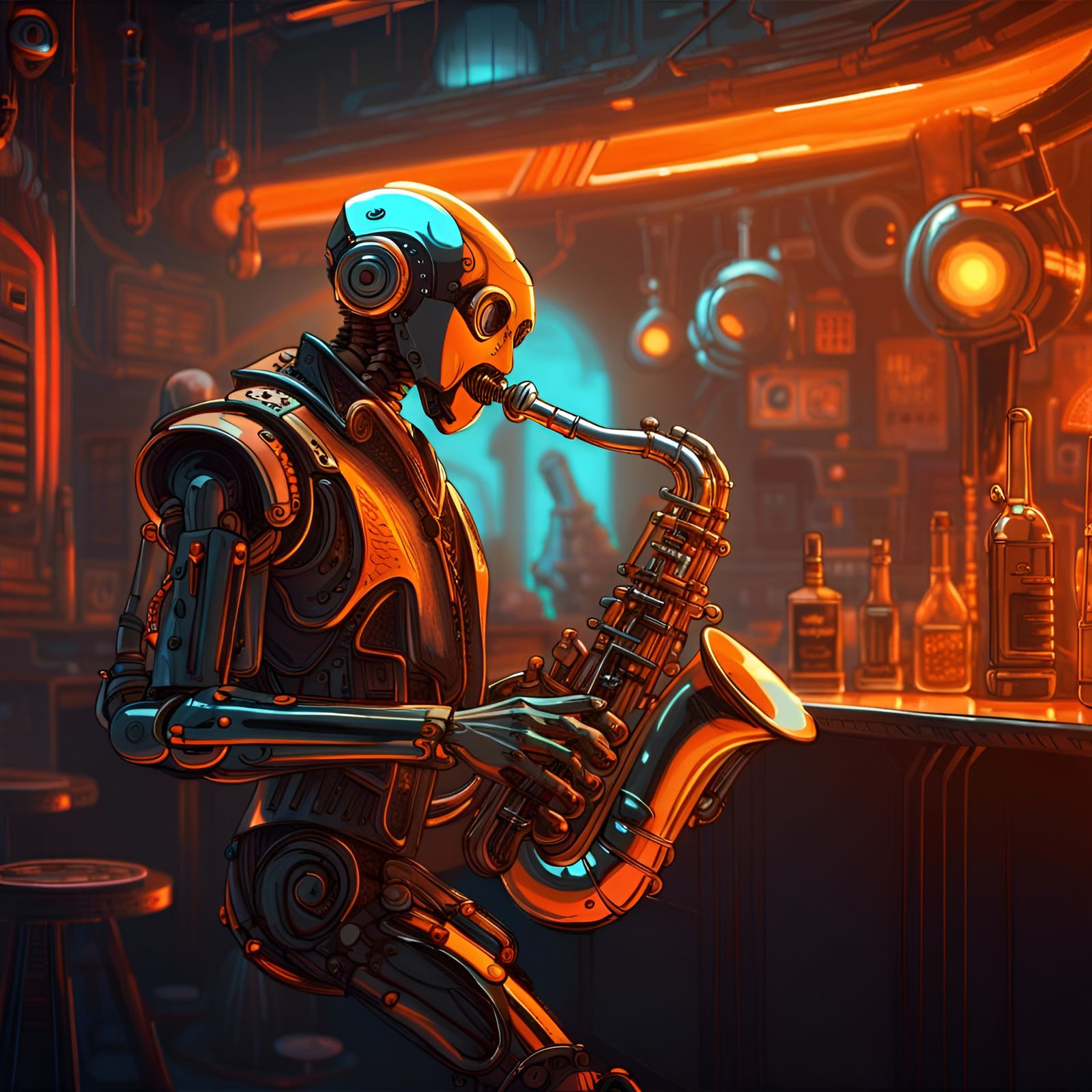 Robot Saxophonist in Neon Futuristic Jazz Club