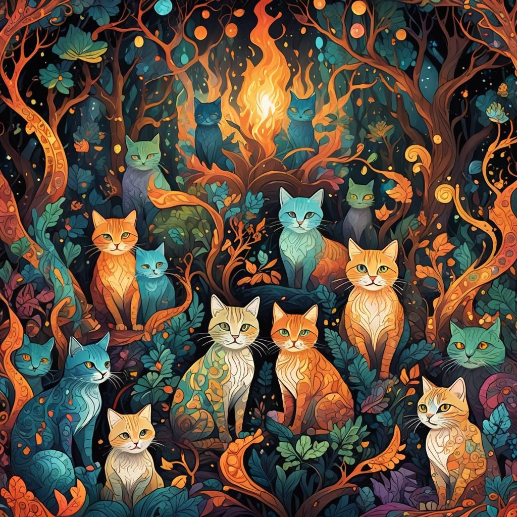 Mystical Cats Gather 'Round Forest Fire: Fractal Art
