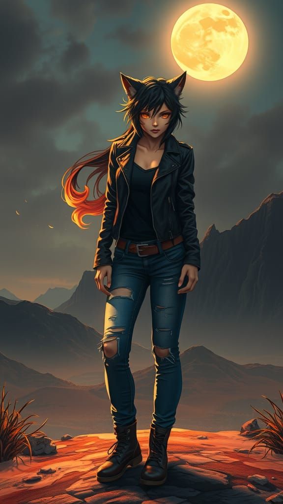 Anime Wildcat Woman in Mystical Landscape