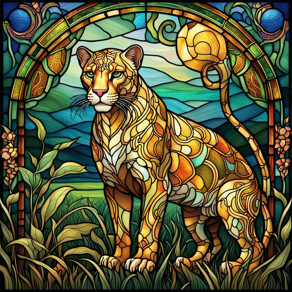 Golden Panter with Six Legs and Tentacles in Art Nouveau Sty...