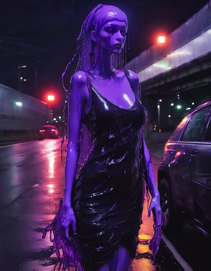 Opalecent Slime Girl Hitchhiking at Night