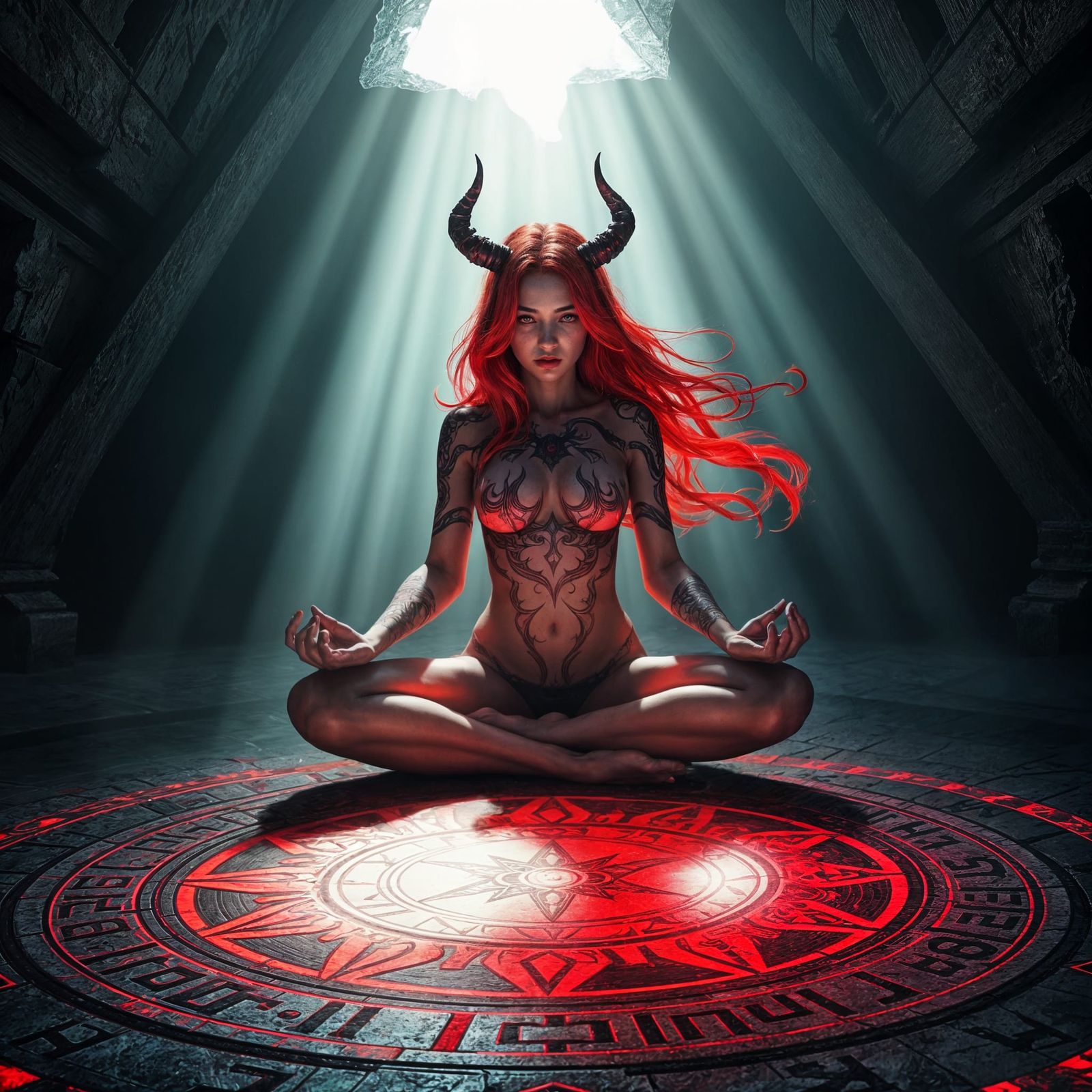 Demon Girl in Meditative Pose with Glowing Tattoos
