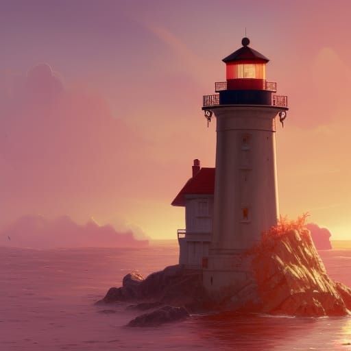 Pink Sunset Lighthouse: Hyperdetailed Concept Art