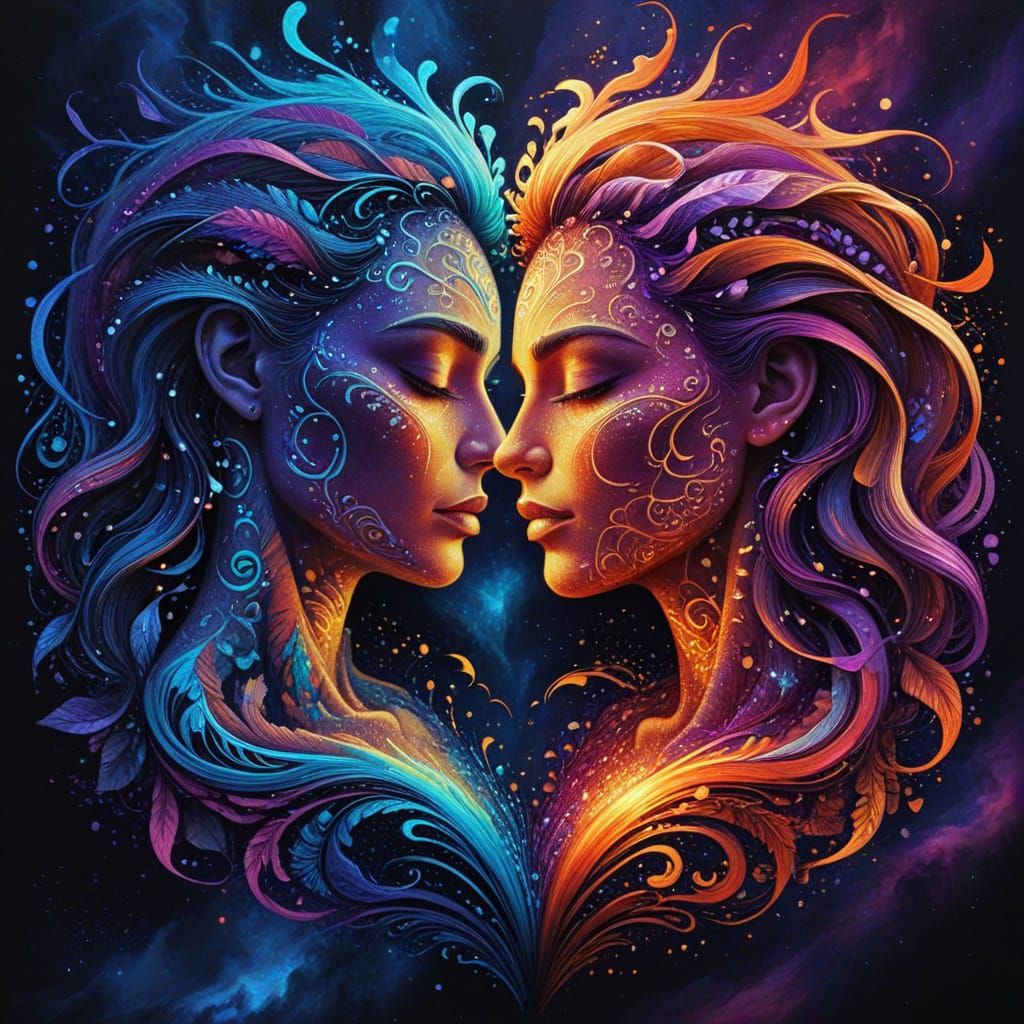 Abstract Heart of Two Women in Cosmic Colors