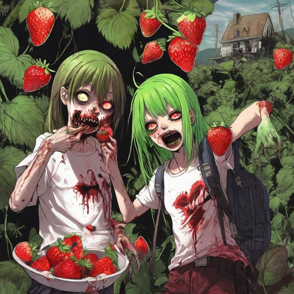 Anime Zombie Girl Eating Strawberries: Hyperdetailed Portrai...