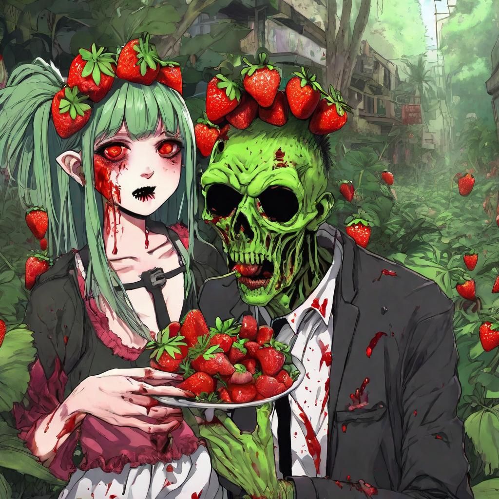 Anime Zombie Girl Eating Strawberries: Hyperdetailed Portrai...