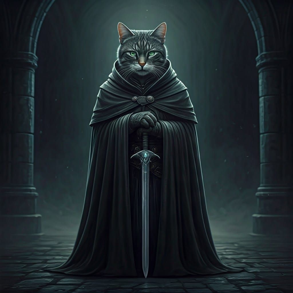 Feline Adventurer in Dark Mysterious World