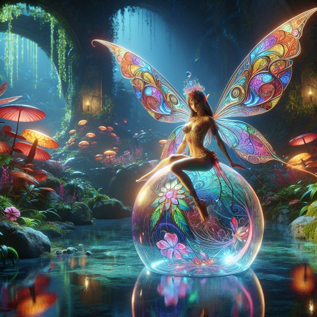 Photorealistic Fairy with Stained Glass Wings on Bubble