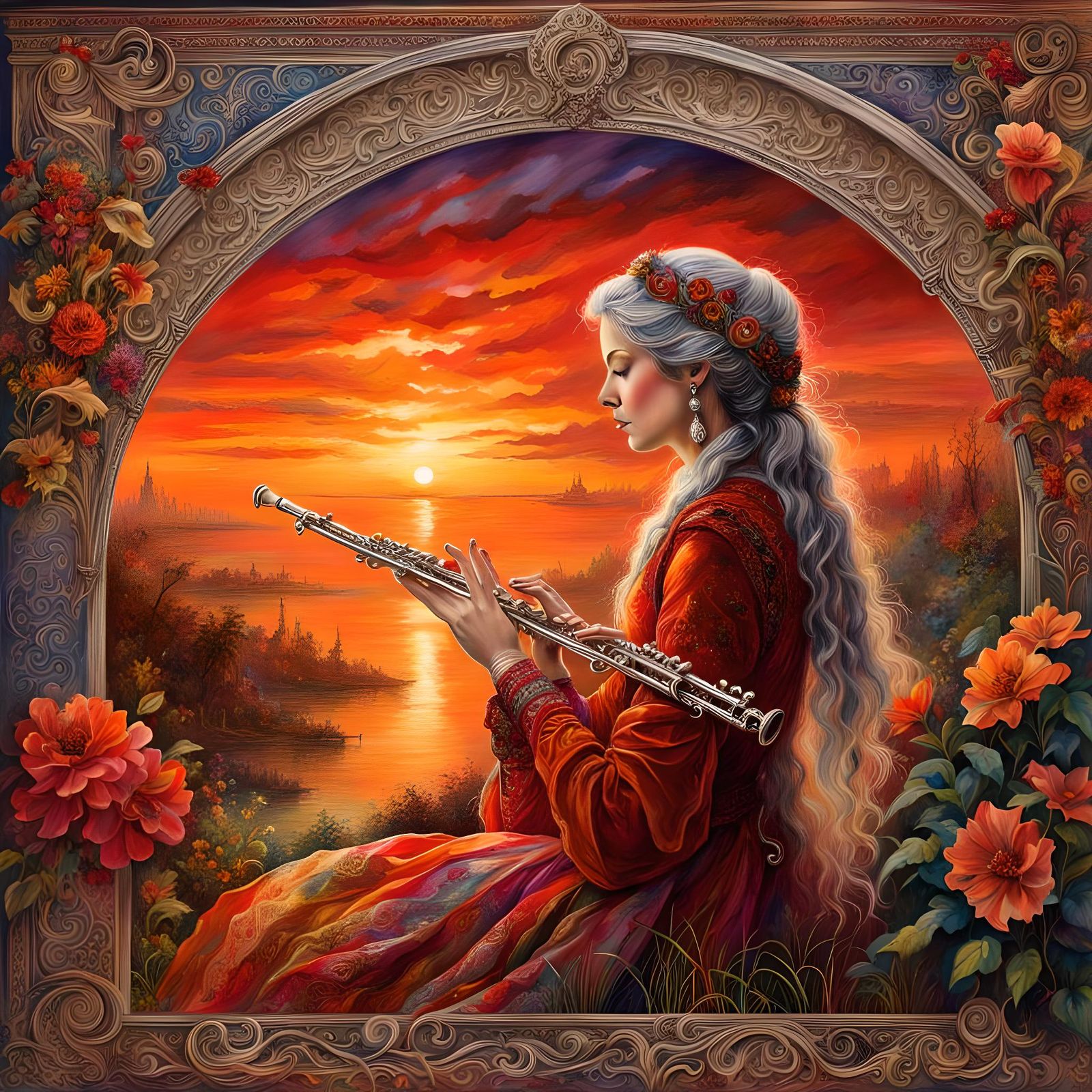 Silver Flute on Music Book in Watercolor and Ink