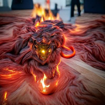 Demonic lion in flames , oil on canvas, in unreal engine.