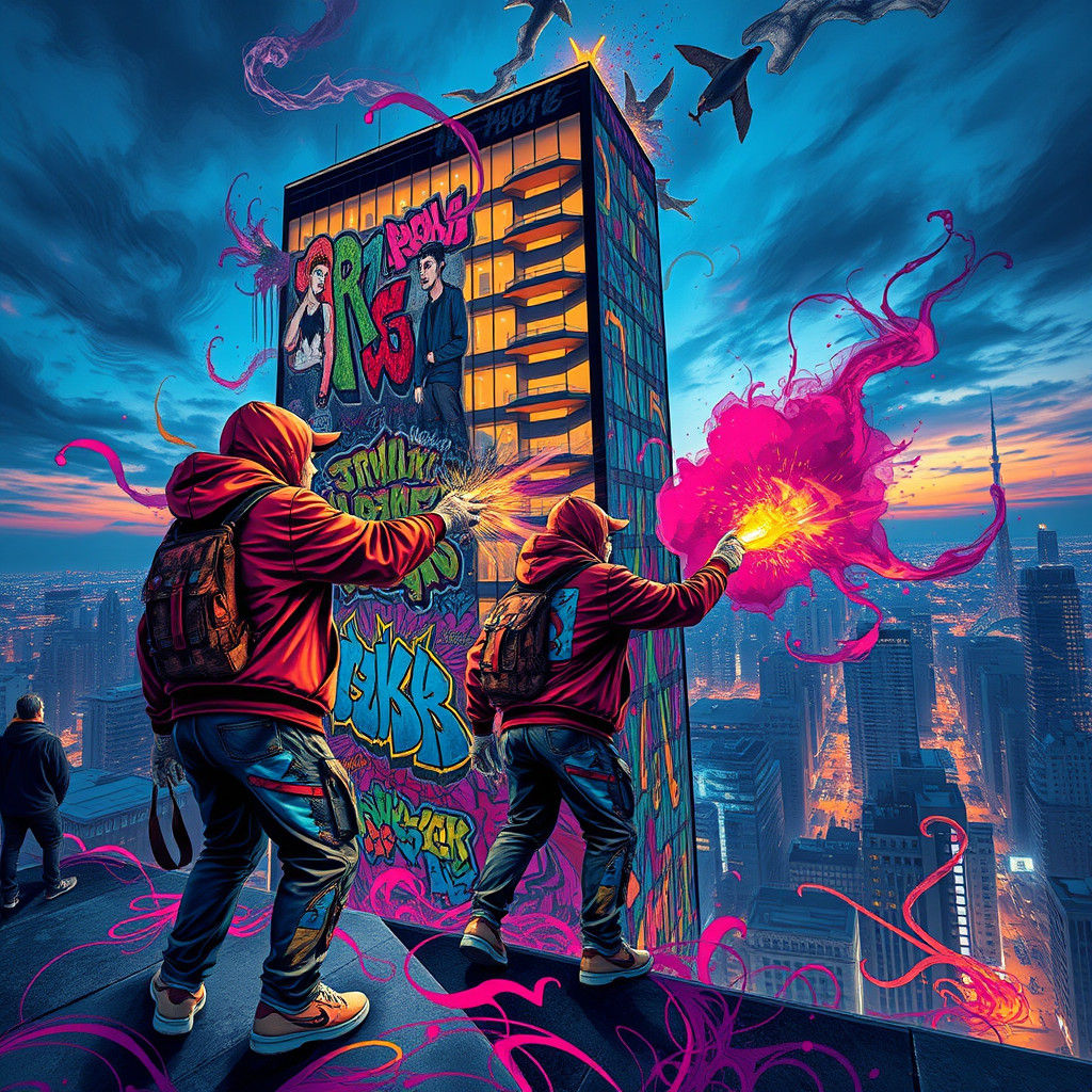 Graffiti Artists Spraying Skyscraper: Fantasy Concept Art