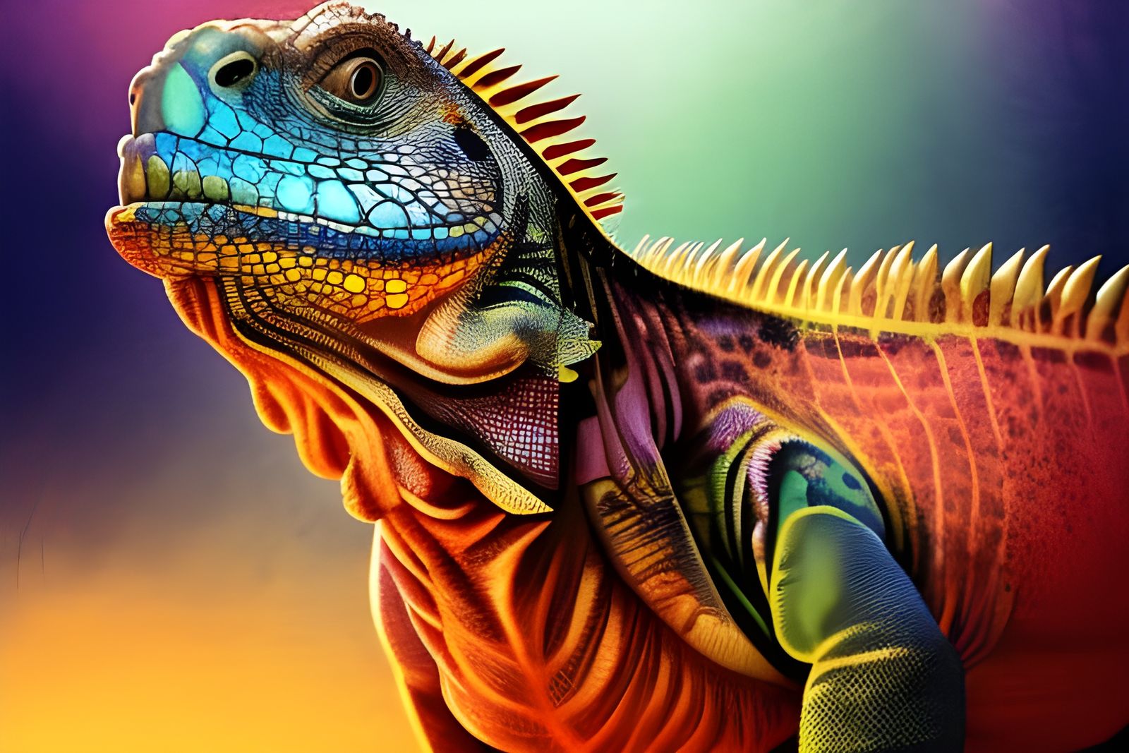 Photorealistic Iguana in a Colorful Digital Illustration