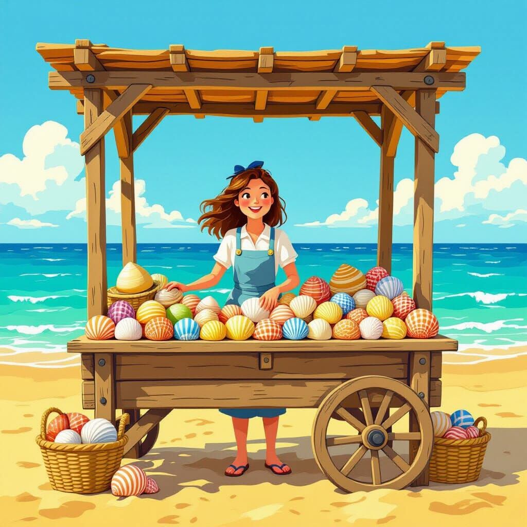 Sally Sells Seashells on a Sunny Beach in Storybook Style