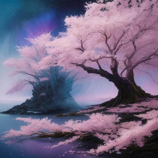 Alien Under Ethereal Cherry Blossoms in Mixed Media