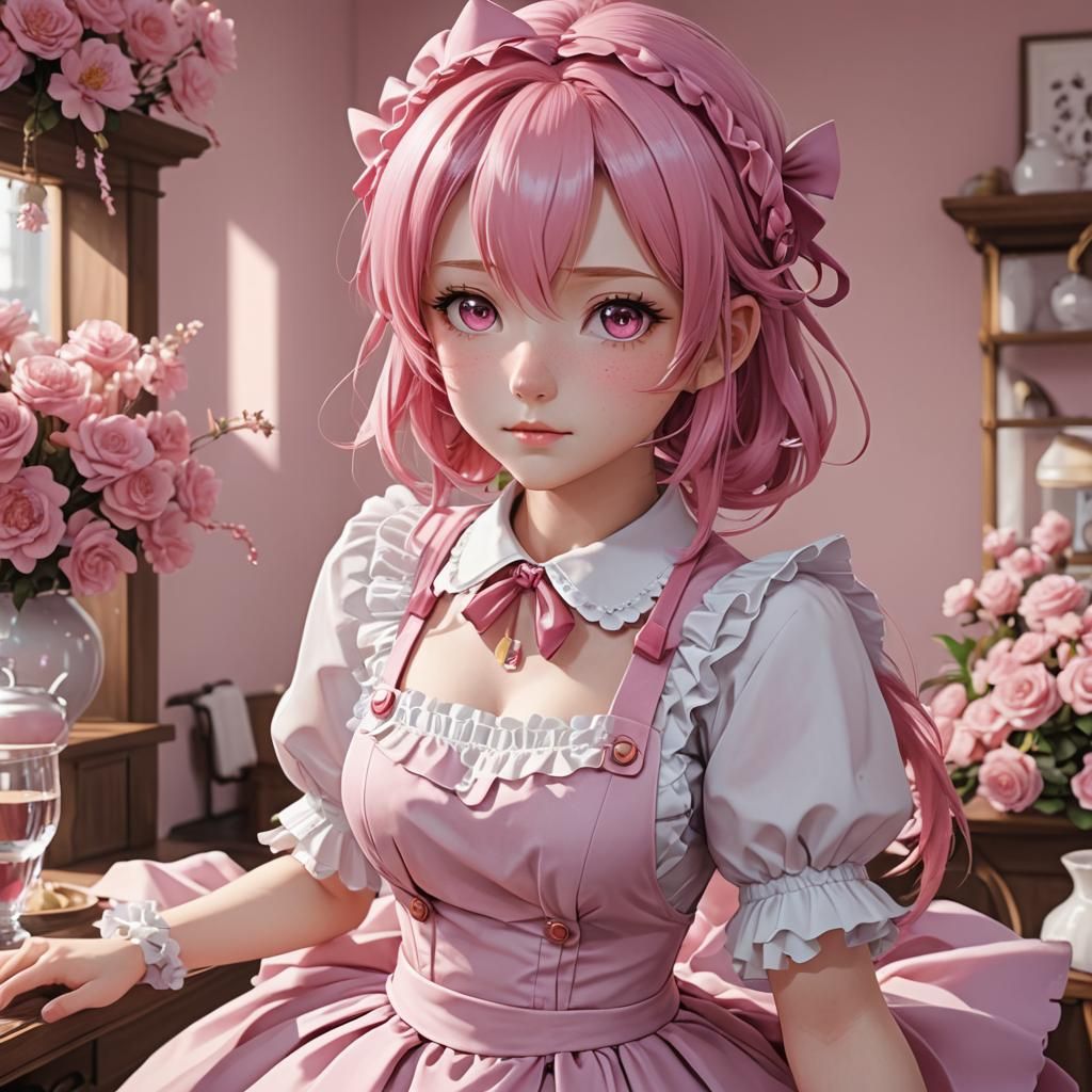 Anime Girl in Pink Maid Dress, 3D Anime Art